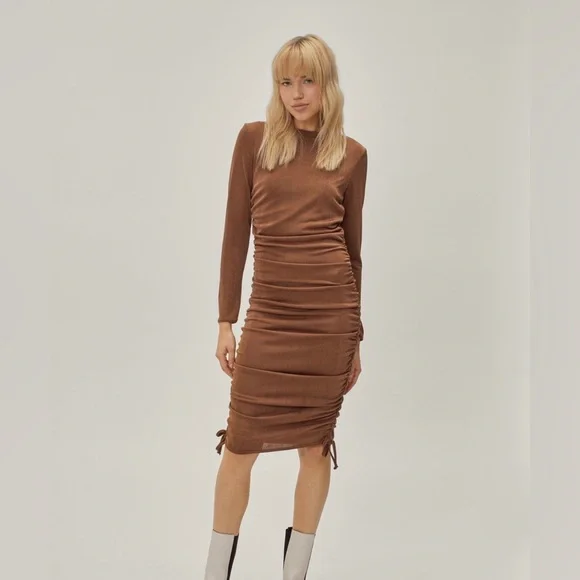 ruched brown midi dress Avec Les Filles Women's Twist Cowl Neck Midi Dress - Rum Raisin